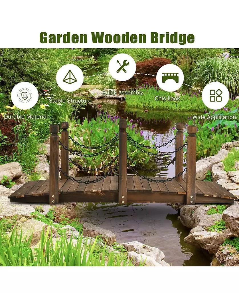 SKONYON 5 Feet Wooden Garden Bridge Arc Footbridge Stained Finish Walkway with Safety Rails 5