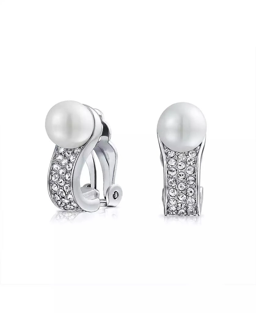 Bling Jewelry Crystal Pearl Huggie Clip-On Earrings Non-Pierced Ears Silver Plated
