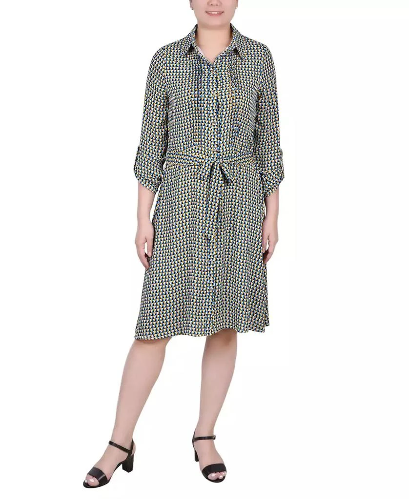 NY Collection Petite Geometric Printed Roll Tab Sleeve Dobby Shirt Dress 1