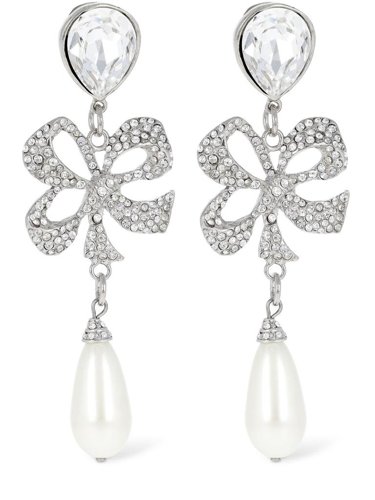 ALESSANDRA RICH Crystal Bow & Faux Pearl Earrings