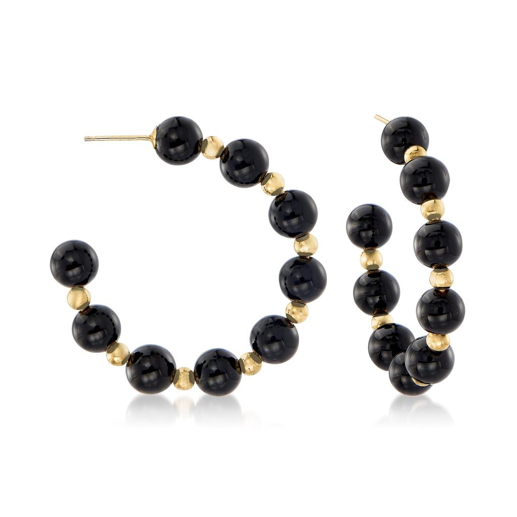 Ross-Simons Ross-Simons Black Onyx Bead J-Hoop Earrings in 14kt Yellow Gold