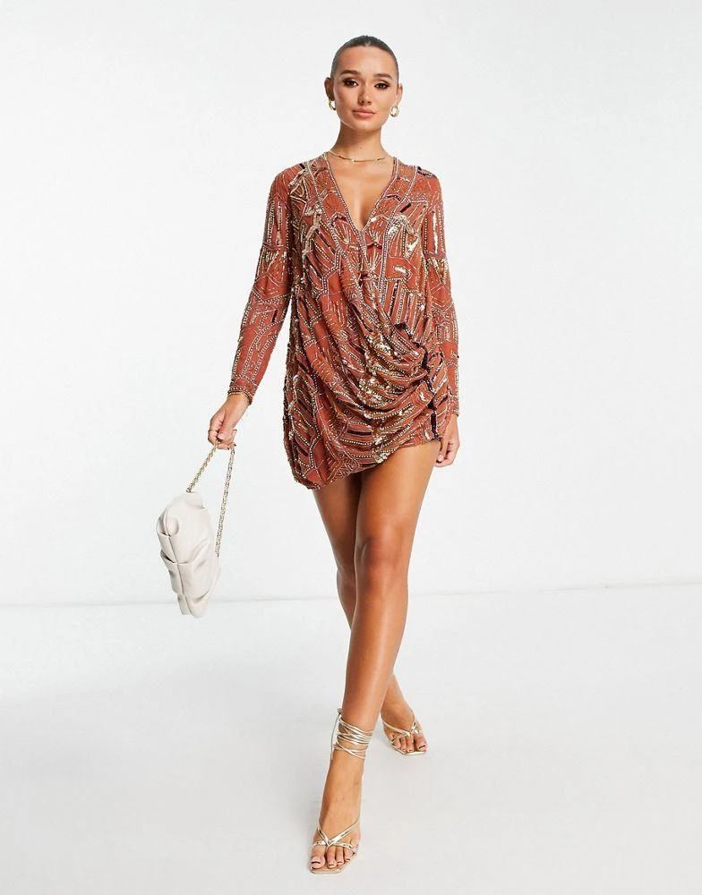 ASOS ASOS DESIGN embellished shift mini dress with drape front detail in rust 3