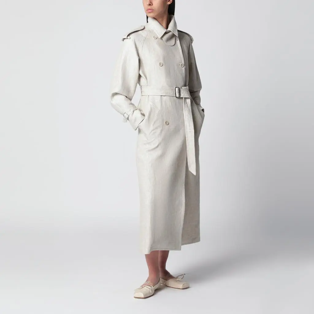 Max Mara Sand-coloured double-breasted duster coat in linen drill