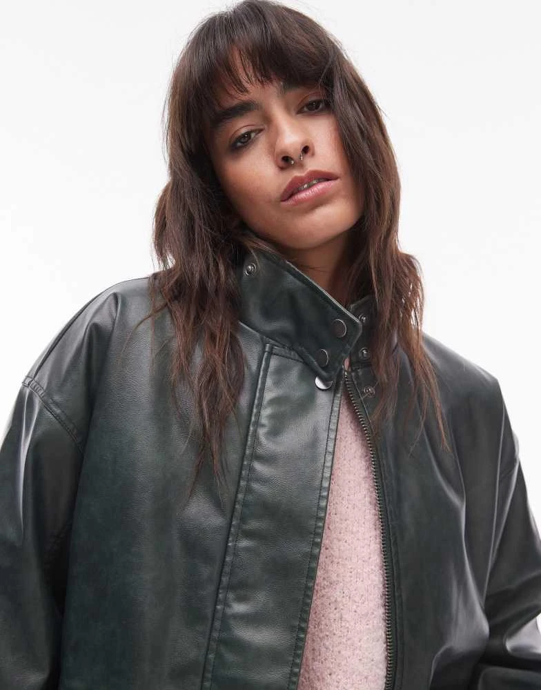 Topshop Topshop faux leather oversized bomber jacket in green 2