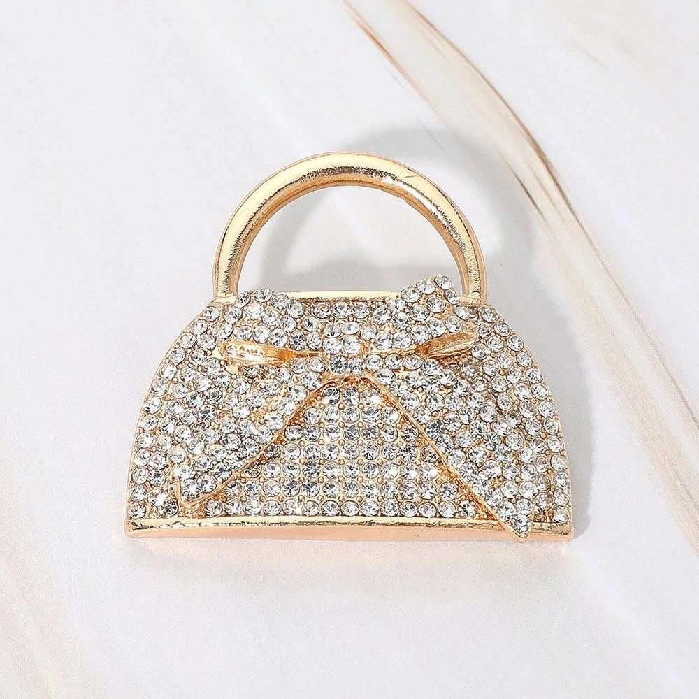 FASHNZFAB Rhinestone Studded Bow Accent Mini Handbag Pin Brooch