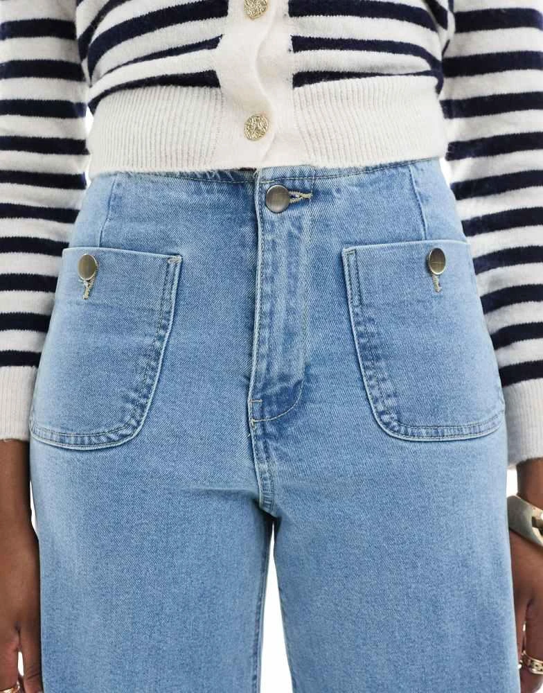 Stradivarius Stradivarius Tall D77 straight leg jean with button detail in mid wash 5
