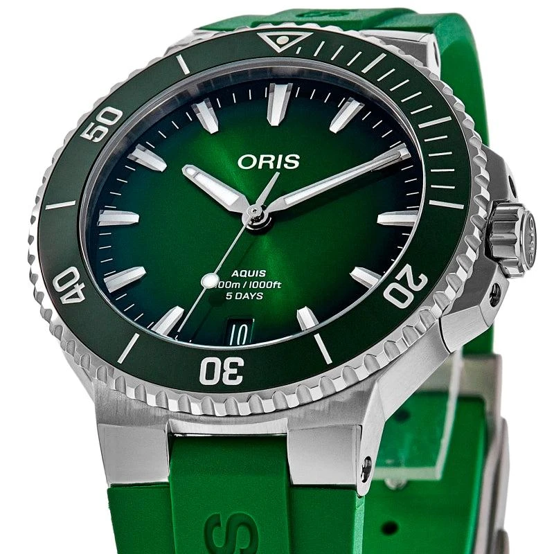Oris Aquis Date Calibre 400 Automatic Green Dial Rubber Strap Men's Watch 01 400 7790 4157-07 4 23 47EB 2