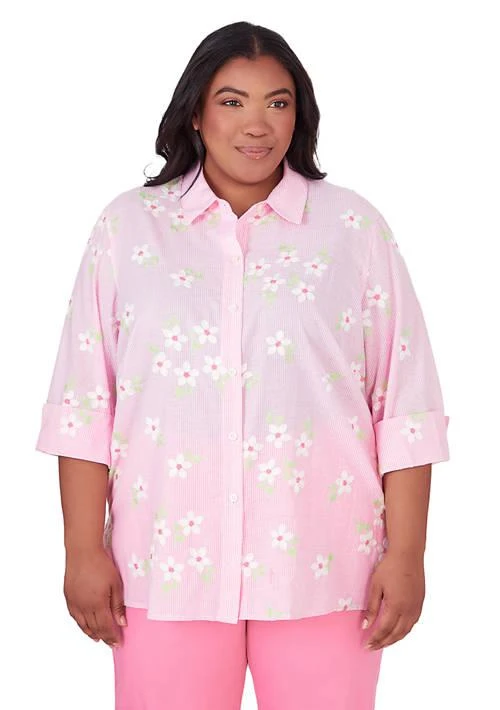 Alfred Dunner Dunner Plus Size Miami Beach Pinstripe With Flower Embroidery Top 1