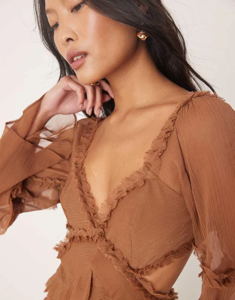 ASOS ASOS DESIGN Petite ruffle v neck long sleeve maxi dress in brown 4