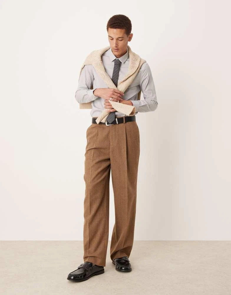 ASOS ASOS DESIGN smart wide leg wool mix pinstripe trouser in brown 5