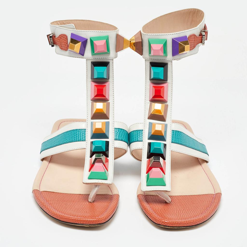 Shop Fendi Multicolor Leather Studded Thong Flat Sandals