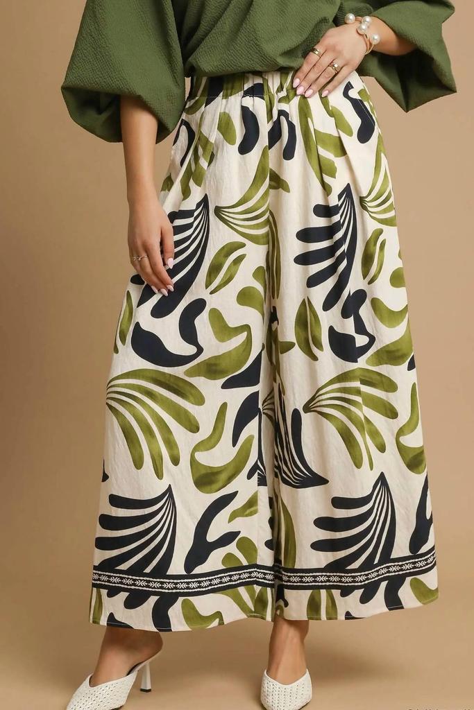umgee Umgee - Tropical Leaf Print Wide Leg Pants