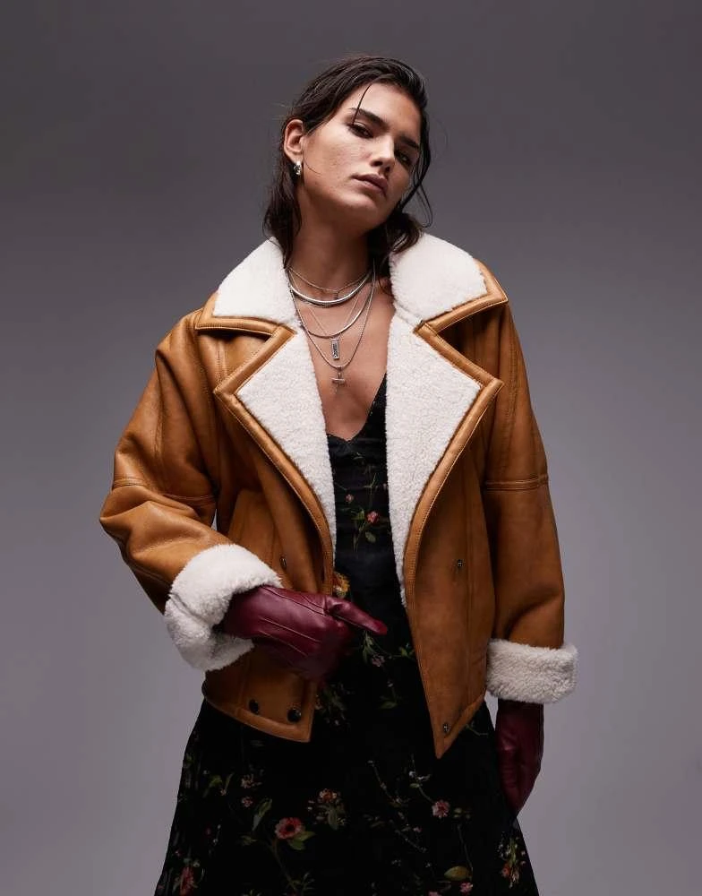 Topshop Topshop shearling jacket in tan 1