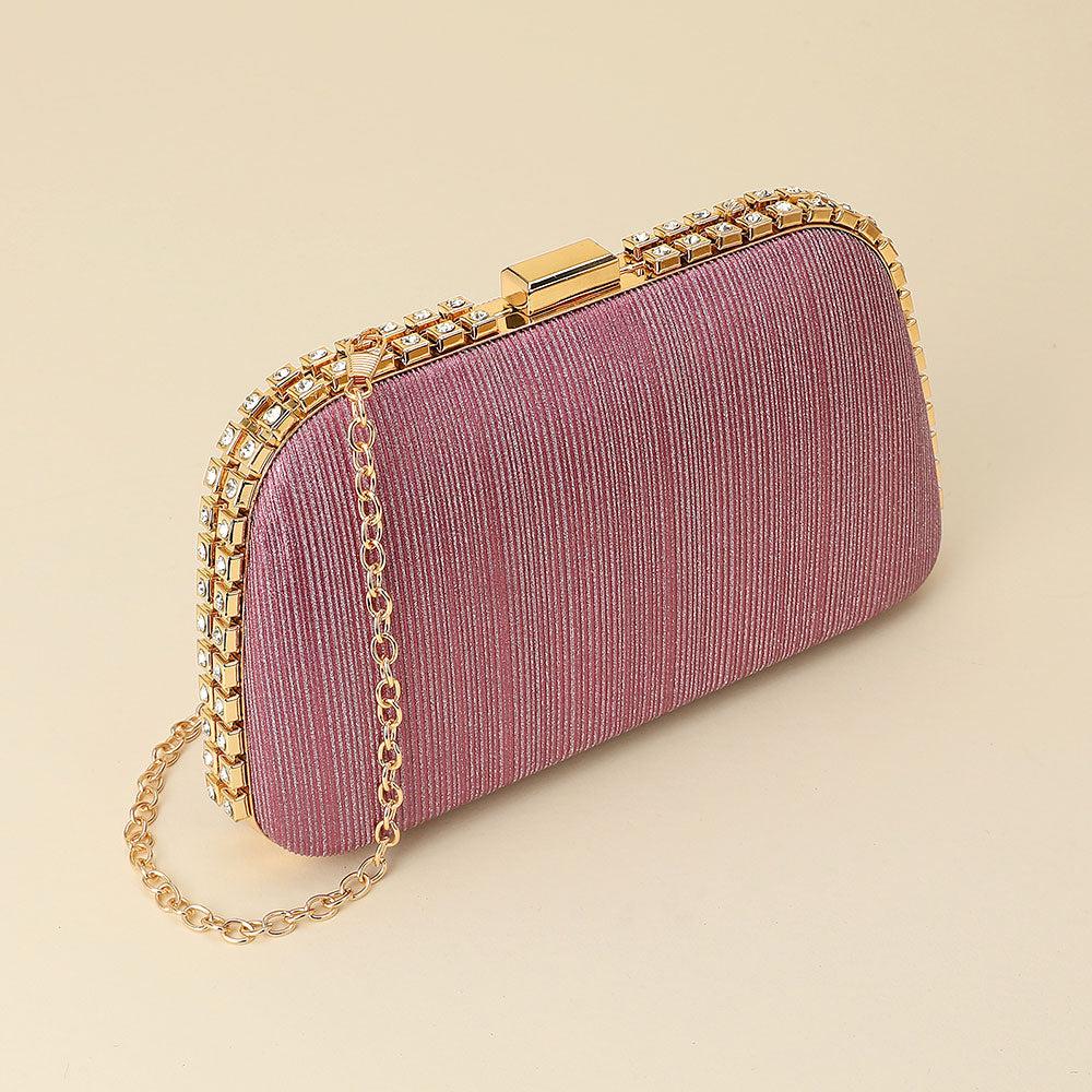 FASHNZFAB Rhinestone Trim Around Sparkle Crossbody Evening Clutch Bag