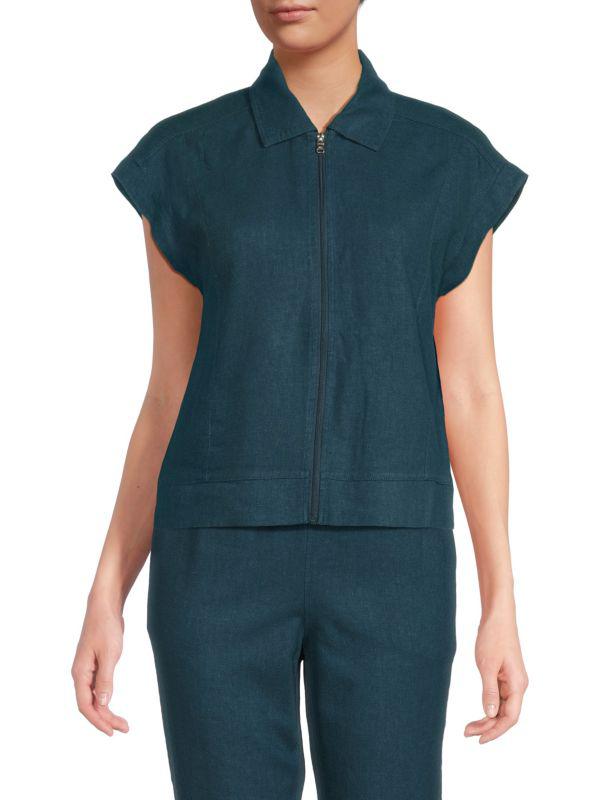 Andrew Marc ​Zip Front Linen-Blend Cap-Sleeve Vest