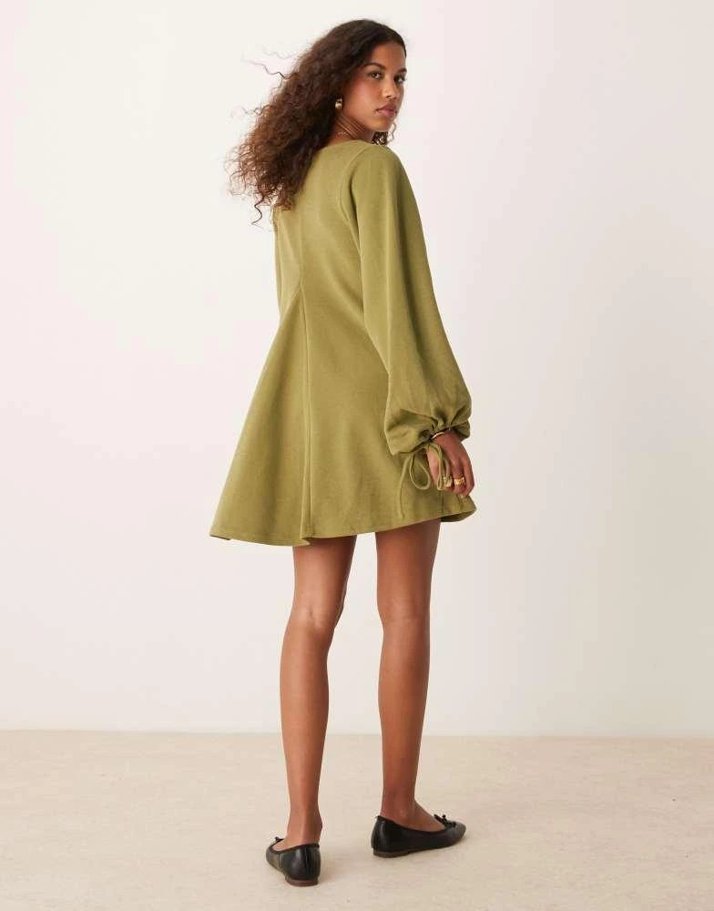 ASOS ASOS DESIGN supersoft v-neck flare hem skirt mini dress with tie sleeve in olive 3