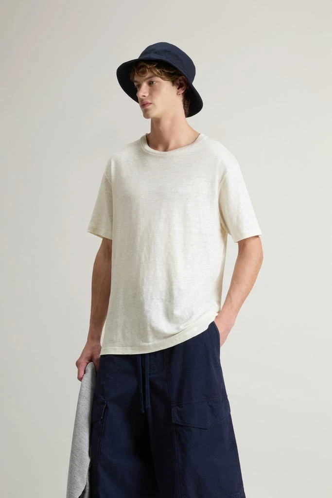 Woolrich Pure Linen T-Shirt with Embroidered Logo - Men - Blue 4