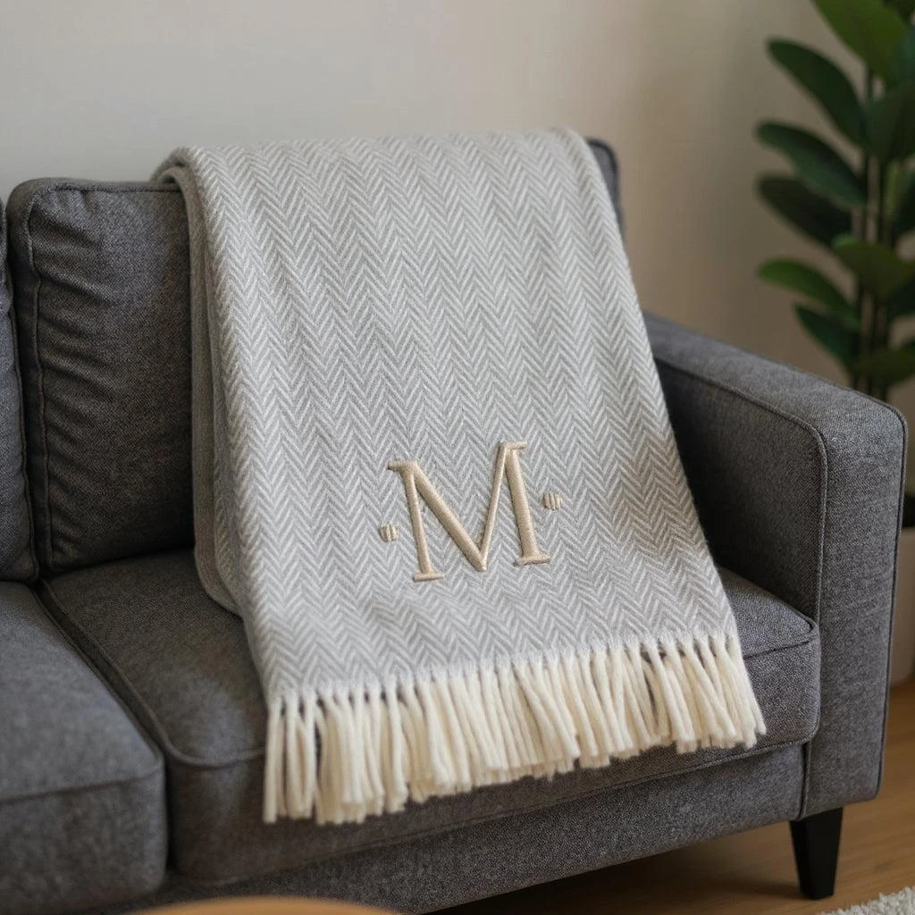 Hivvago 55" X 70" Gray And White Herringbone Cotton Blend M Initial Throw Blanket with Tassels And Embroidery 2