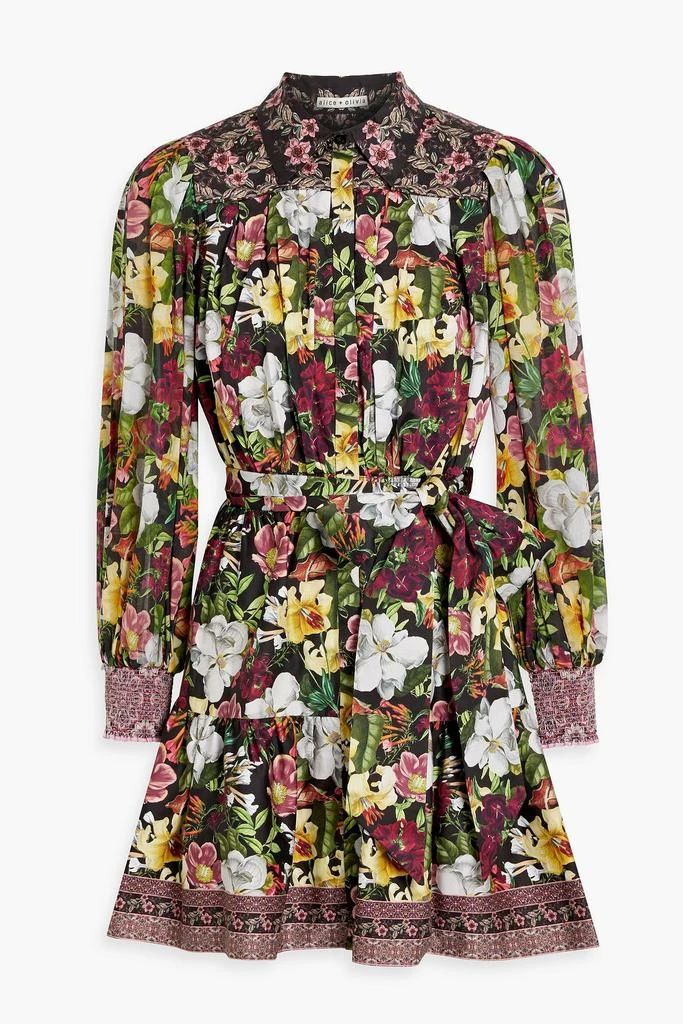 Alice + Olivia Tiffie shirred floral-print cotton-blend poplin mini shirt dress 1