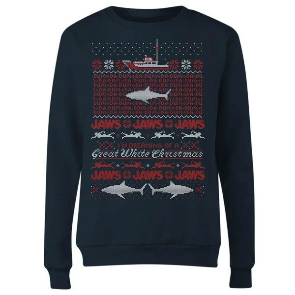Original Hero Jaws Great White Christmas Women's Christmas Jumper - Navy 1