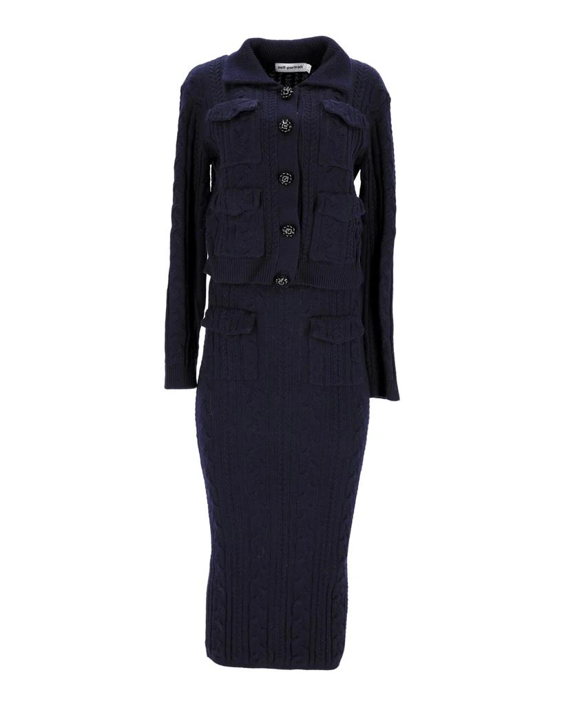 Self Portrait Jacket and Midi Skirt Set in Navy Blue Polyamide 1