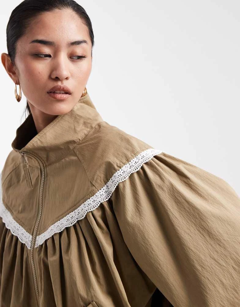 Miss Selfridge Miss Selfridge lace trim funnel neck track jacket in khaki 3