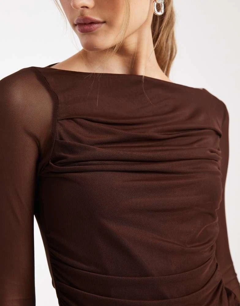 ASOS ASOS DESIGN mesh drape long sleeve top in chocolate 2