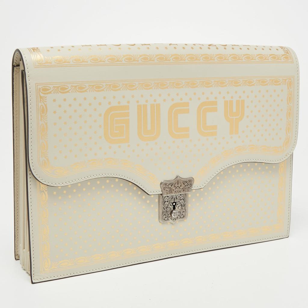 Gucci Off White Leather Guccy Portfolio Clutch