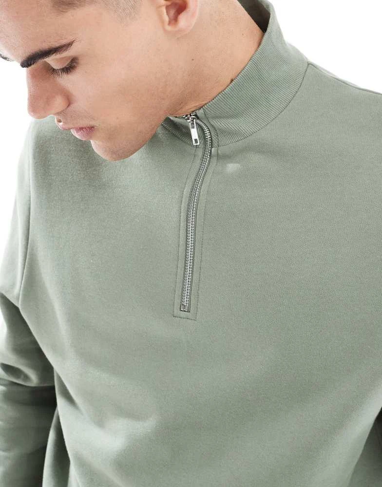 ASOS ASOS DESIGN essential sweatshirt with quarter zip in mid green 2