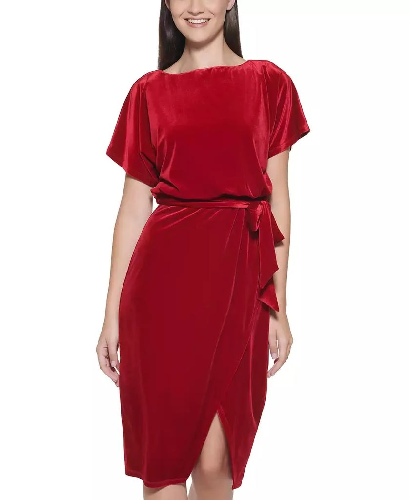 Kensie Stretch-Velvet Boatneck Tie-Waist Sheath Dress 4