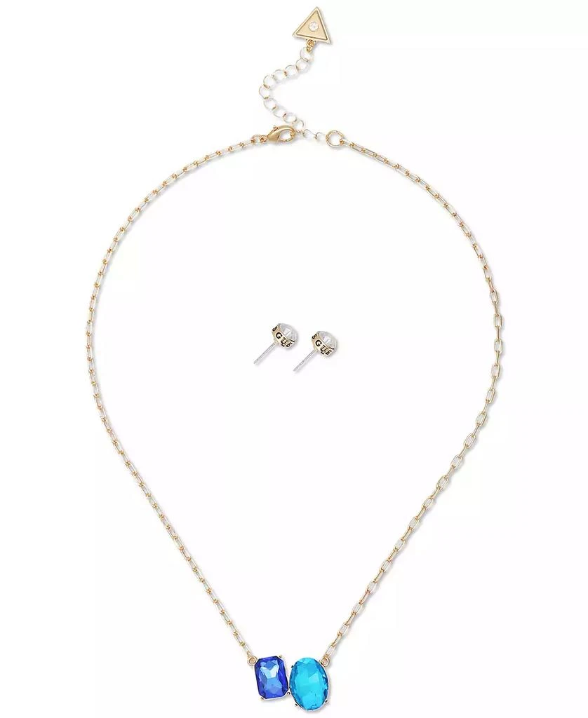 GUESS Gold-Tone Double Crystal Pendant Necklace & Logo Stud Earrings Set 1