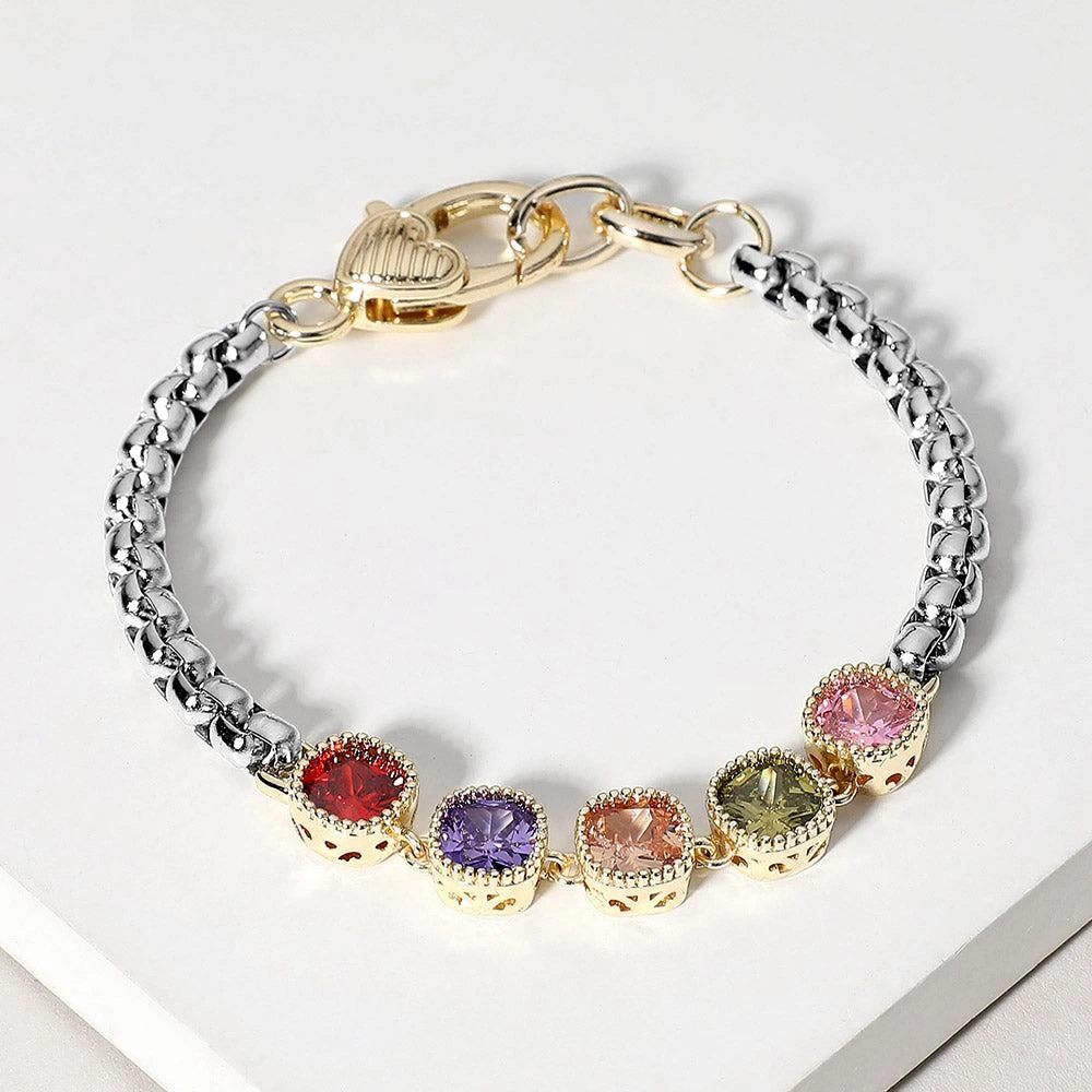 FASHNZFAB 14K Gold Plated Square Colorful CZ Stone Cluster Link Bracelet