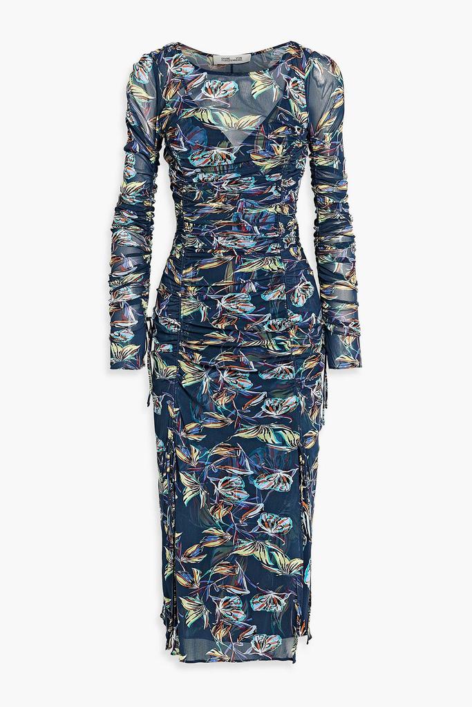 Shop One-shoulder floral-print stretch mesh midi dress on