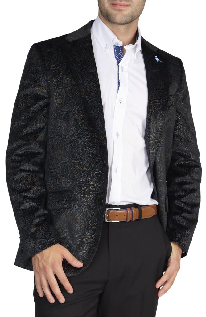 TailorByrd Black Velvet Two-Tone Metallic Paisley Sport Coat