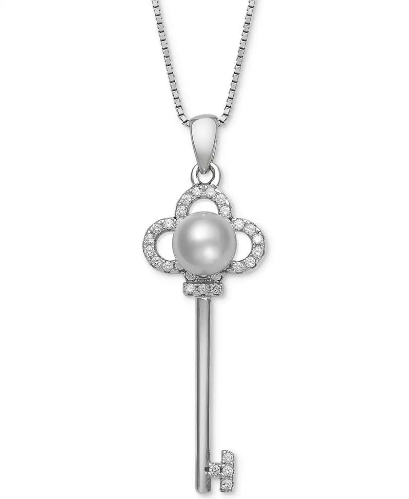 Belle de Mer Cultured Freshwater Pearl (6mm) & Cubic Zirconia Clover Key 18" Pendant Necklace in Sterling Silver