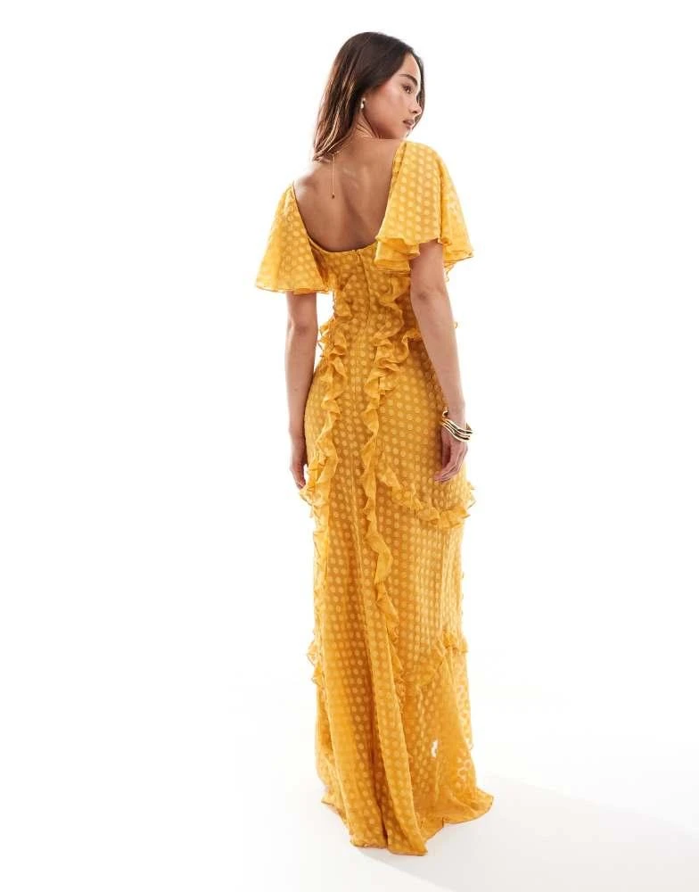 ASOS ASOS DESIGN flutter sleeve ruffle maxi dress with cut out detail in textured spot in burnt yellow 4