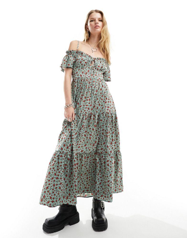 Kiss The Sky Kiss The Sky off-shoulder ditsy floral tiered maxi smock dress in teal