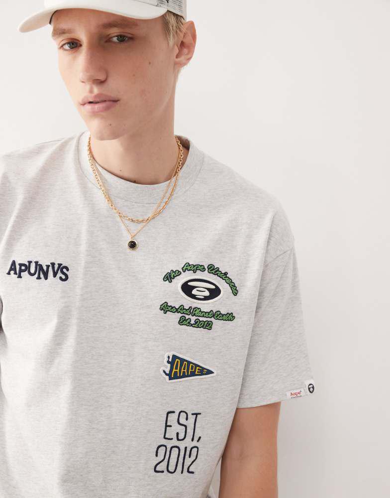 AAPE Aape by A Bathing Ape boxy fit t-shirt in grey with multi placement college embroidery