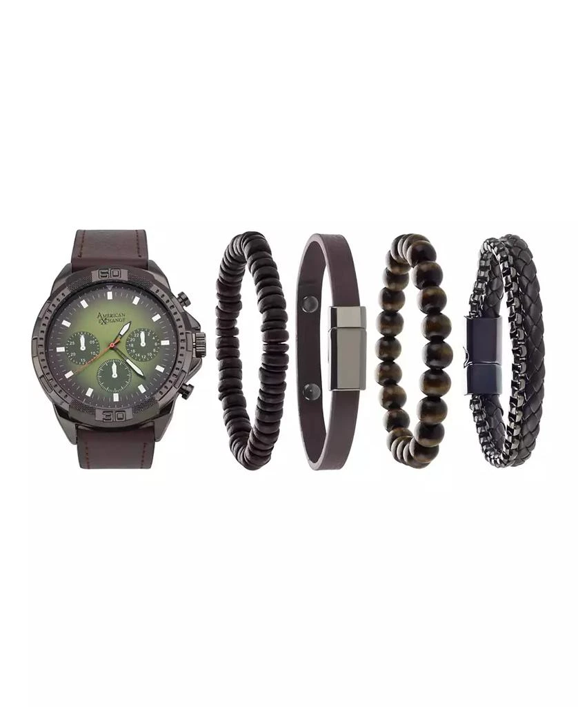 American Exchange Men's Cognac Faux-Leather Strap Watch 51mm Gift Set 1