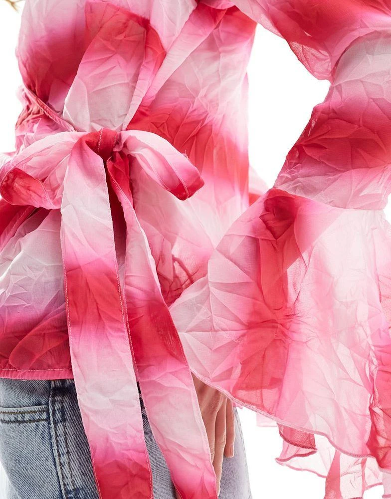 Monki Monki crinkle tie waist wrap blouse with fluted cuffs in in pink ombre print 2
