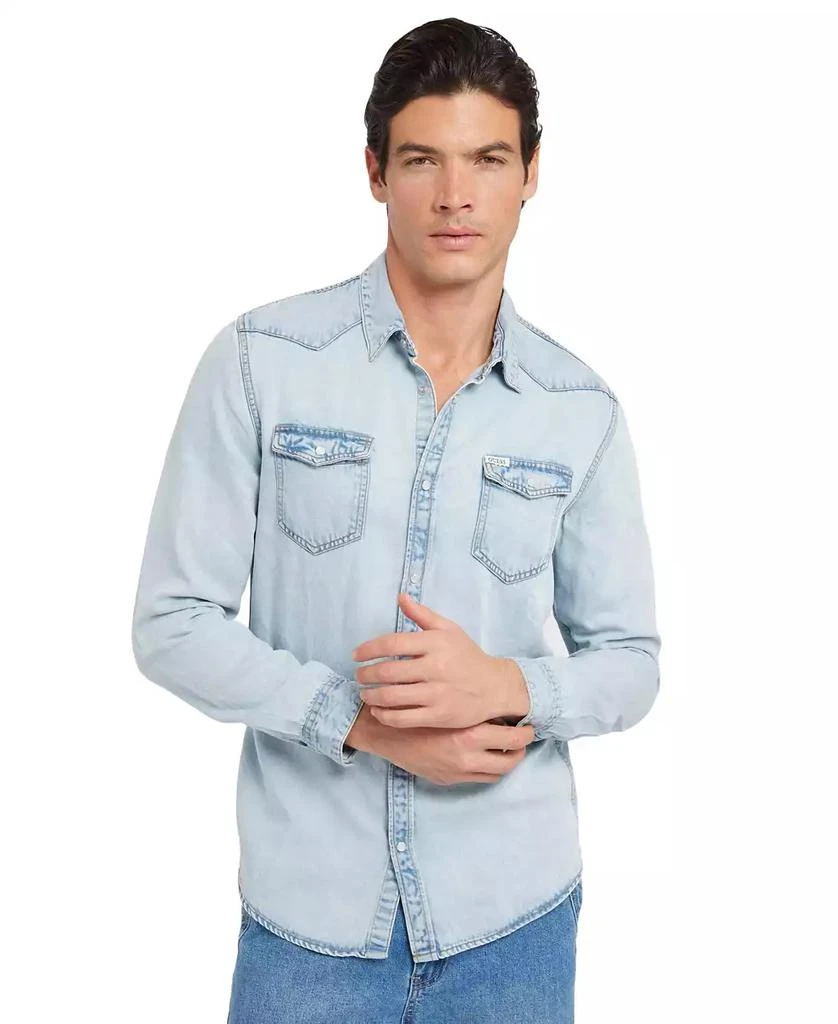 GUESS Men’s Long Sleeve Denim Shirt – Tie-Dye Wash, Button-Down With Chest Pockets, Casual Truckee Shirt