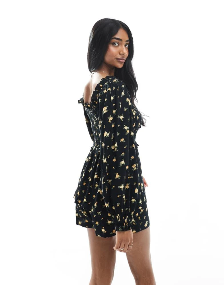Miss Selfridge Miss Selfridge long sleeve floral playsuit in black 2