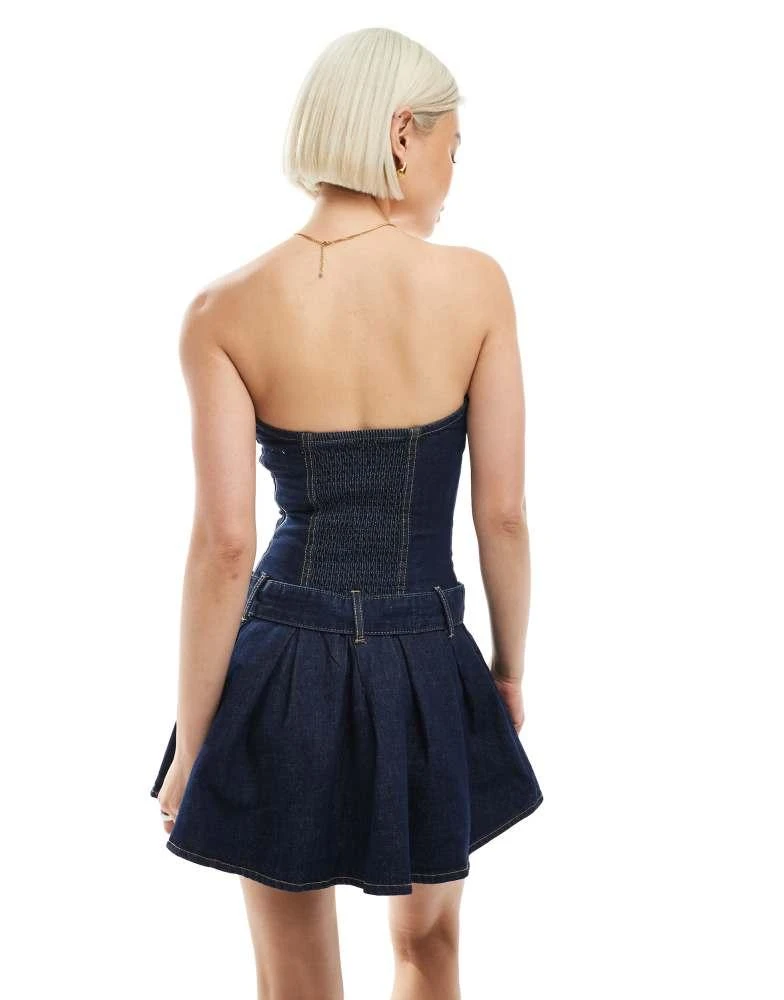 Bershka Bershka bandeau belted denim mini dress in dark wash blue 2