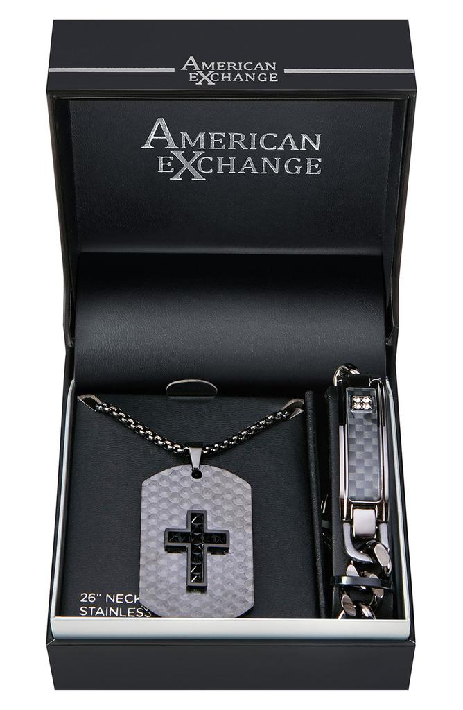 AMERICAN EXCHANGE Cross Dog Tag Necklace & ID Bracelet Set