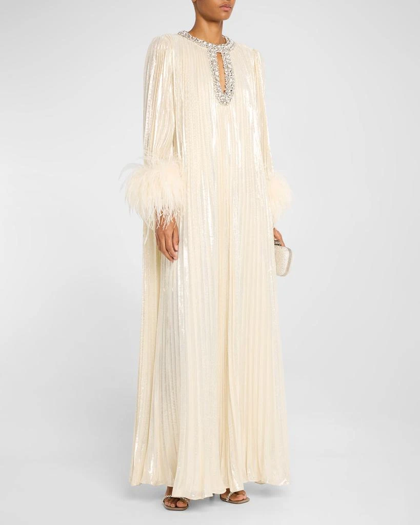 Self Portrait Pleated Metallic Feather-Cuff Maxi Dress 4