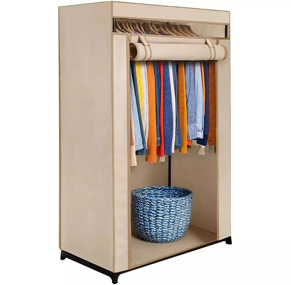 Florida Brands Portable Wardrobe Closet - Premium Metal Hanging Rod with Beige Cover- 65 Lb. Weight Capacity- Super Easy Assembly, No Tools Required