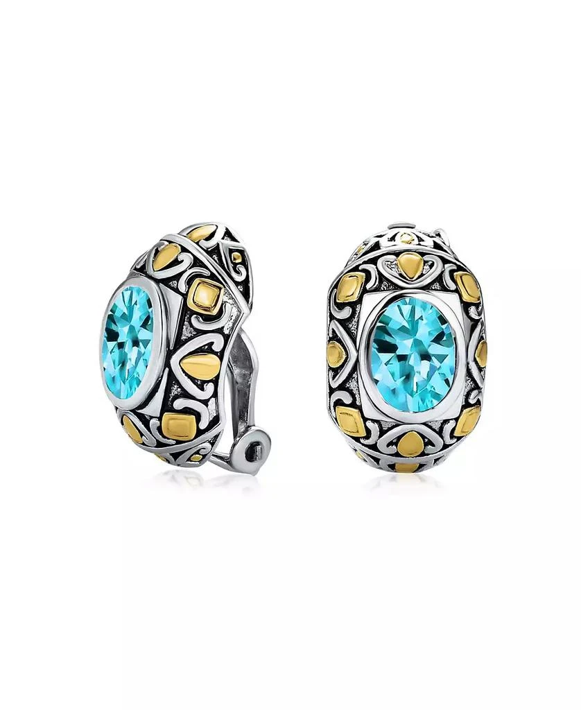 Bling Jewelry Two-Tone Bali Style Aqua Blue Oval Clip-On Earrings with Simulated Aquamarine CZ