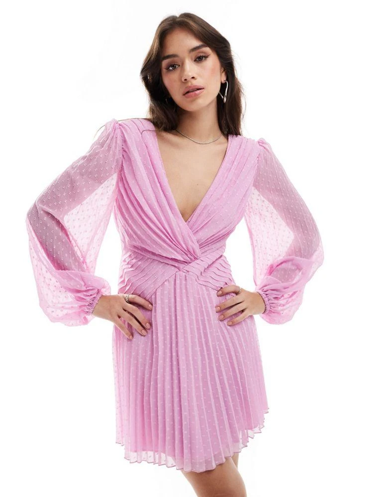 ASOS ASOS DESIGN dobby angel sleeve deep plunge wrap pleated mini dress in lilac 1