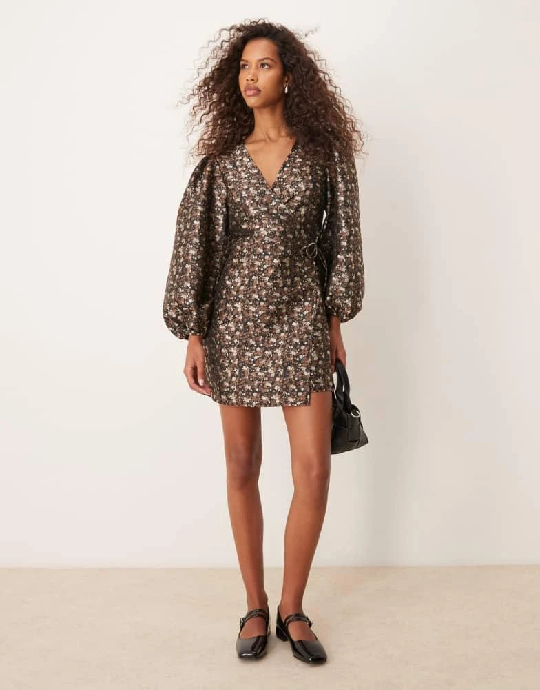 Glamorous Glamorous v neck balloon sleeve mini dress with front wrap in 70's black floral 2