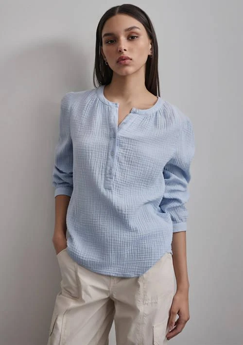 DKNY Jeans Womens Long Sleeve Henley Gauze Top 1